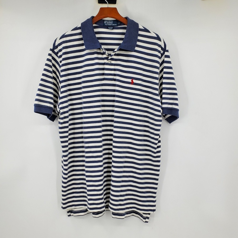 Vintage 90s Polo Ralph Lauren Mens XL Blue White Striped Short Sleeve Polo Shirt